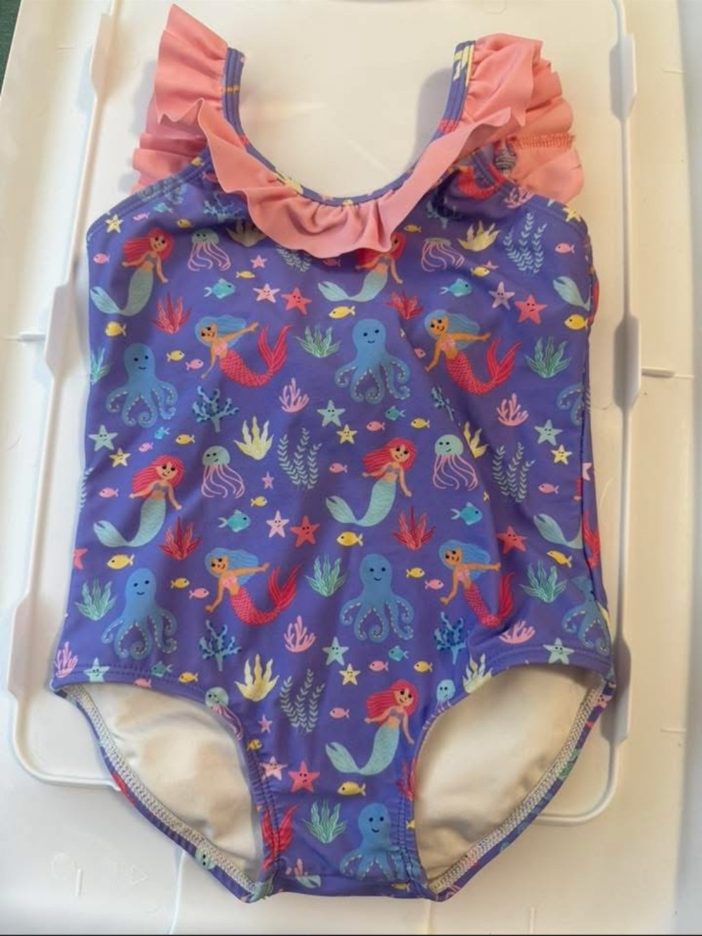 Girls' Purple Mermaid Print One-Piece Swimsuit with Pink Ruffle